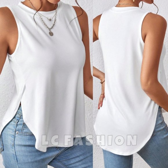 LC FASHION Tops - Tank top, Sleeveless Top, Asymmetrical Solid Split Hem Casual Summer top